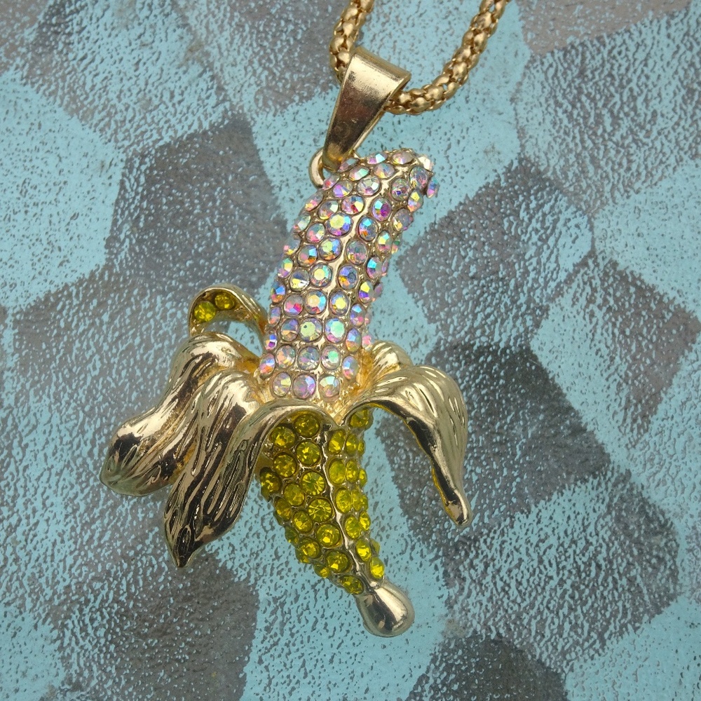 Iridescent Yellow Jewel Tropical Banana Long Summer Statement Necklace - Picture 5 of 8